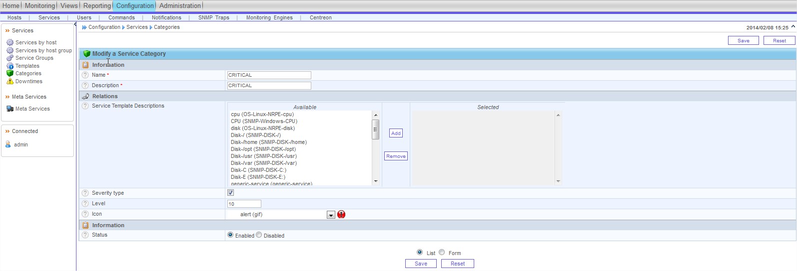 Category criticality menu